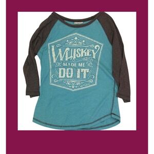 Cheekys Whiskey Made Me Do It Graphic Raglan Baseball Tee Turquoise Grey Medium